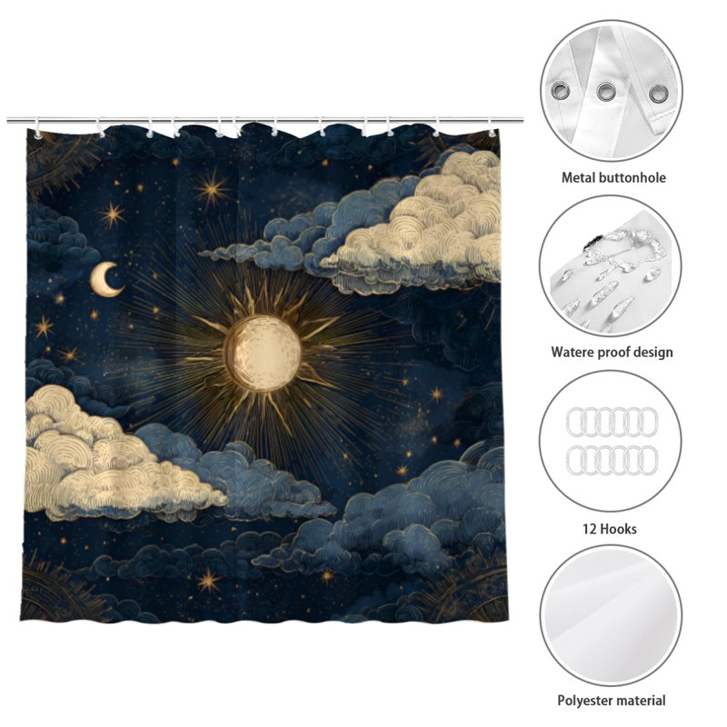 Celestial Shower Curtain with Sun Moon Stars, 72x72 Inches