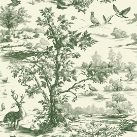 Livelynine Nature Landscape Wallpaper Peel and Stick Antique Vintage Green French Country Toile Wallpaper Removable Deer Tree and Bird Natural Countryside Nature Contact Paper Self Adhesive 17.5x78.8"