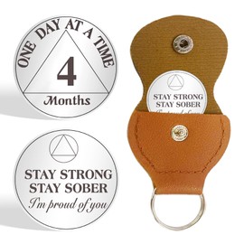 IELCJJ 4 Month Sobriety Coin, One Day at A Time Sobriety Chip AA Cions and Medallions Alcoholics Anonymous Four Months Triplate Recovery Gifts for Men Women Sober Token with PU Leather Keychain