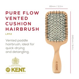 Kent LPF2 Large Cushion Paddle Hair Brush, Vented Taming Fine Pins Hair Detangle Brush for Long Thick and Curly Hair, Scalp Massager and Growth Stimulator Wet or Dry Hair Detangling. Made in England