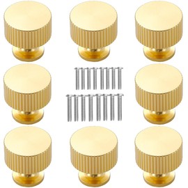 Kelier 28MM Diameter Texture Brass Cabinet Knobs, [8 Pack] Vintage Brushed Gold Kitchen Handles and Knobs for Cabinets/Cupboard/Drawer, Gold