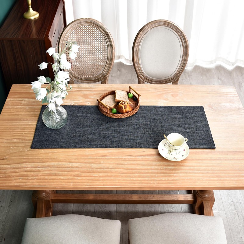 Reversible Double Layer Table Runner Faux Linen Fabric Charcoal Table