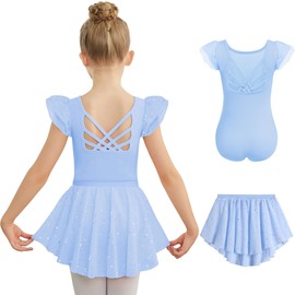 Zaclotre Ballet Leotards for Girls Toddler Ruffle Sleeve Crisscross Back Dance Dress Outfit with Removable Skirt Combo