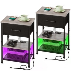 LAKEMID Nightstands Set of 2 with Charging Station and Drawer, End Table Side Table with 20 Colors LED Light Strip and 2 Layers Shelf for Bedroom Living Room Sofa (Grey)