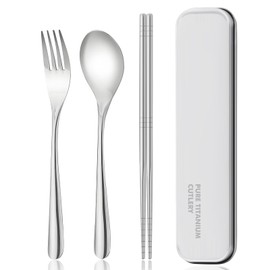 Titanium cutlery set, travel cutlery with box, including titanium fork, chopsticks and spoon, packed in a handbag, portable, suitable for school, work, picnic, camping use