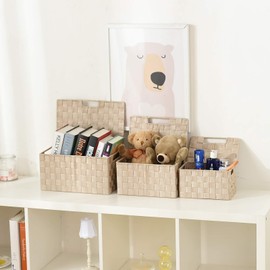 Harrage Storage Bins with Lids, Decorative Cube Basket Boxes Lid for Shelves, Large Baskets of 3 Set Luxury Container Tote Box Organizer, Durable Shelf Bin Bathroom Drawer Containers(3 Pack Beige)