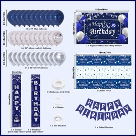 Blue Birthday Decorations, 37 PCS Blue and Silver Party Decorations for Men Boys Women Girls, Happy Birthday Backdrop Banner Tablecloth Party Supplies Confetti Balloons Arch