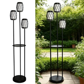 FQIIL Outdoor Solar Floor Lamp 3-Head Waterproof Metal Solar Lamp Post with Planter & Shelves Rust-Resistant All-Weather Solar Powered Standing Lamp for Patio Deck Garden Yard Porch