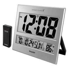Sharp - Reloj atómico – Precisión atómica – Nunca necesita configuración. -Silver Tech Style - Números gigantes de 3 pulgadas fáciles de leer - visualización de temperatura para interiores y