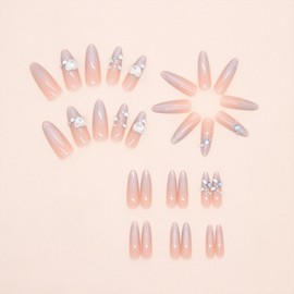 CECOBAG Press-on Almond Shaped Nails, French Tip Cat Eye Nails with Heart, Five Star Diamonds Glitter Nail Set Gradient Colors Women's Artificial Nails 24 Pcs