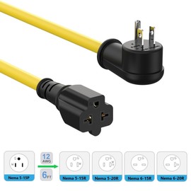 6FT Heavy Duty 15Amp Right-Angle Extention Cable, 12AWG 90-Degree 15 Amp Household Plug to 20 Amp T Blade Adapter cord, Nema 5-15P to 5-20R,5-15P to 6-15R/20R, 125V 15A to 20A AC Power Cable Extension