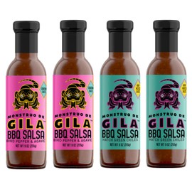Monstruo De Gila BBQ Salsas (Gila Variety, 4 Pack), 2 New Mexico Style, 2 Sonoran Style, 9oz each, a delicious fusion of smoky BBQ sauce and traditional salsa, can be used to grilled meats, vegetables, tacos, bbq and Mexican dishes