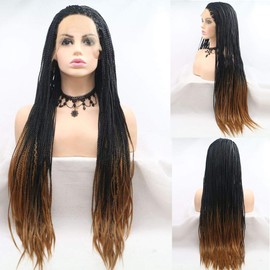 Angle Lucky Black Brown Box Braided Wig Synthetic Black Omber Brown Micro Braided Lace Front Wig Heat Resistance Fiber Afro Braids for Women 26 Inch