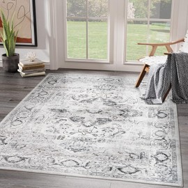 xilixili Area Rug 6x9 - Anti-Slip Backing Washable Rug - Stain Resistant Rugs for Living Room,Bedroom & Dining Room,Vintage Printed Area Rugs (Ivory/Gray,6'x9')