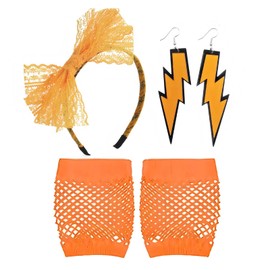 5 Pcs 80s Fancy Dress Costume Accessories, Lace Bow Headband, orange Fishnet Gloves, Earrings, Elastic Women's Neon Lace Headband Earrings Fishnet for Women Gloves 80s Retro Party