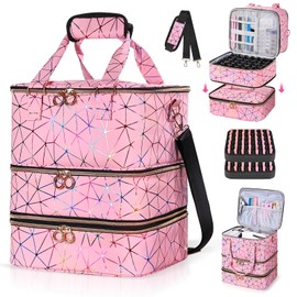 QIYFDDF Nail Polish Organizer Bag,3-layer Pink PU Leather Nail Organizer and storage,Holds 84 Bottles of Nail Polish and Nail Lamp,Large Holder Travel Carrying Case.