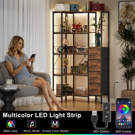 AFLUI Corner Bookshelf with LED Light Strips & 4 Fabric Drawers, 5-Tier Convertible Corner Shelf with Display Shelf, Large Wood Industrial Bookcase for Living Room, Bedroom, Home Office, Rustic Brown