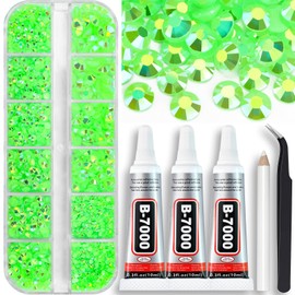 Towenm B7000 Clear Glue with 4000PCS Light Green AB Rhinestones for Crafts Clothing Fabric Shoes, Glue Fix Flatback Gems for Nails Face Jewelry, Mixed 5 Sizes 2mm-6mm Diamond Gemstones Bejeweled Kit