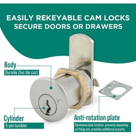 Olympus Lock DCN4 Rekeyable Cam Locks | 1-3/4" Cylinder 101 Key Lock, Keyed Alike | US26D Chrome Cabinet Locks | Grade 1 Cam Lock | Reversible Cam Lock for Doors & Drawer Lock