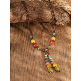 MINACHI Hippie Boho Colorful Ceramic Round Bead Flower Charm Long Y Necklace, Bohemian Summer Beach Jewelry Gifts for Women