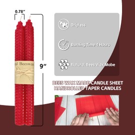 14 Pack Beeswax Taper Candles, Handmade Bees Wax Candles for Home, Unscented & Dripless Candle Sticks, 9" Tall Candles, Red Beeswax Candles by Kissingfish