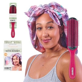 CONAIR x Tamera Mowry Collection Satin Swirl Print Hair Bonnet with bonus Curl Definition Brush - Nylon Bristle hairbrush - curl smoothing hair brush - features removable bristles - tie hair cap