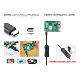 Coolwell For Raspberry Pi 5 Power Supply 27W USB-C Output 5V/5A, 9V/3A, 12V/2.25A, 15V/1.8A ETL Listed-GaN PD 5A 27W PD Power Supply with ON/Off Switch