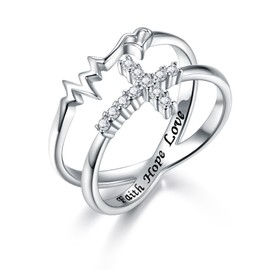 APOTIE Silver Faith Hope Love Ring - S925 Heartbeat criss thumb Jewelry Inspirational Gifts for Christian Women, Sterling Silver, Cubic Zirconia