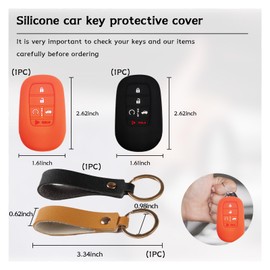 Dickno 2 PCS Silicone Key Fob Cover, 5 Buttons Keyless Remote Key Fob Shell Case with Leather Lanyard, Auto Key Holder Compatible with 2022 2023 2024 Accord Civic HR-V CR-V (Black+Orange)