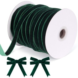 50 Yards 3/8 Inch Velvet Ribbon, Single Face Velvet Fabric Ribbon Roll with Spool Satin for Gift Wrapping, Hair Bows Making, Wedding, Christmas Decoration (Green)
