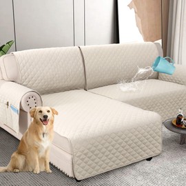 H.VERSAILTEX 100% Waterproof Couch Covers for Sectional Sofa 2-Piece Couch Covers Sectional Couch Cover L Shaped for Dogs Non Slip (Left Chaise Lounge Cover + 2 Seat Sofa Cover, Coconut Milk)