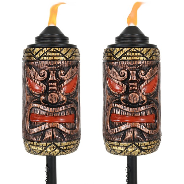 Sunnydaze Tiki Face Torch, Outdoor Patio and Lawn Torches, 24- to 66-Inch Adjustable Height, 3-in-1, Set of 2