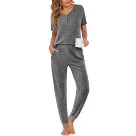 Ekouaer Pajama Sets for Womens Rib Knit Lounge Set Jogger Pants Short Sleeve Sleepwear 2 Piece Outfits Set with Pockets Gray