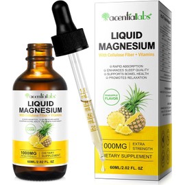 Liquid Magnesium 1000mg | Magnesium Glycinate Liquid Drops with Cellulose Fiber, Bromelain, Vitamin B6, C, D, Zinc | Supports Muscle Relaxation, Sleep, Heart Health & Stress Relief | High Absorption Formula, Non-GMO, Sugar-Free, Vegan Supplement | Pineap