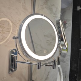 JANEEVA 8" Wall Mounted Lighted Makeup Mirror,Rechargeable Double Sided 1X/10X Magnifying Mirror with 3 Color Lights,Touch Dimmable Bathroom Vanity Mirror with 360°Swivel Extendable Arm Chrome