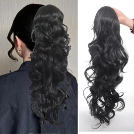 Msysmyx Black Drawstring Ponytail Extension Long Black Curly Drawstring Ponytail Multi-layered Fluffy Thick Clip in Hair Piece Ponytail Natural Soft Drawstring Ponytail 1B#