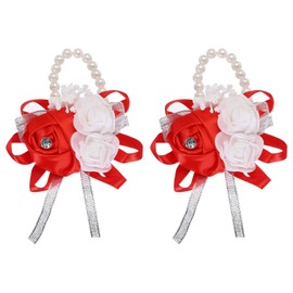 MECCANIXITY Muñeca Corsage Artificial Flores Pulseras Paquete de 2 Rosa Muñeca Novia Novio Decorativo para Boda Ceremonia Graduación Fiesta Aniversario Blanco