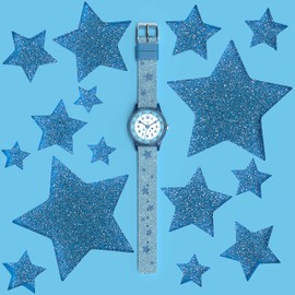Cander Berlin MNA 1630 R Children's Watch Girls 3 ATM Waterproof Learning Watch Analogue Glitter Blue Stars Children, Strap.