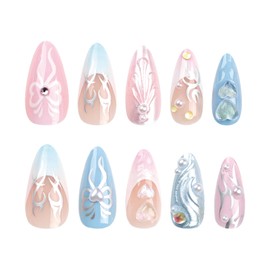 Pink Blue Press on Nails Medium Almond False Nails 24Pcs with 3D Heart and Pearl Bow Charm Designs, Summer Shiny Stiletto Acrylic Glue Nails for Women's Manicure