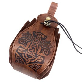 Belt Pouch Waist Bag Fanny Pack Medieval Vintage Leather Pouch Cellphone Holder Holster Carry Belt Purse Pocket Casual Hiking Festival Renaissance Faire Costume Props Travel Wallet (Mjolnir)