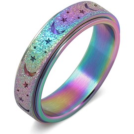 DURSI Women’s Moon and Star Spinner Fidget Rotate Ring for Anxiety Stainless Steel Worry Rotating Ring Toy (Chameleon, 10)