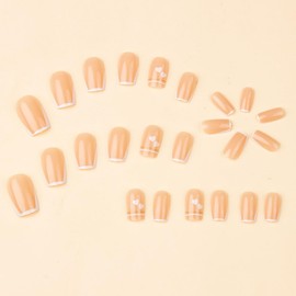 24Pcs White French Line Press on Nails Short Square Valentines Day Fake Nails Press ons White Heart Glue on Nails Light Pink Gold Line Acrylic Nails Glossy Full Cover Reusable Stick on Nails for Women