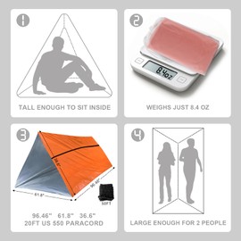 SET007 2 Pack Extra-Thick Survival Life Tent, 2 Person Mylar Emergency Shelter Tube Tent Life Tent with Paracord • All Weather Protection for Hiking, Camping & Outdoor with Emergency Whistle, Orange