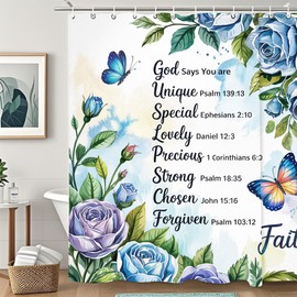 rzzlp Bible Verse Inspirational Quote Shower Curtain,Blue Floral Christian Bathroom Shower Curtains Bathtub Home Decor Waterproof Fabric Machine Washable with 12 Hooks 72''×72''