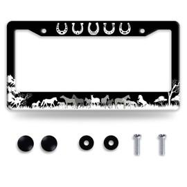 Horse License Plate Frame Funny Horseshoe License Plate Frames Grassland for Car Decorative Parts Stainless Stee License Plate for Standard Us Canada License Plate Holder 12x6 Inch for Women Men