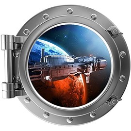 12" PortScape Spaceship Orbiting Planet #2 Porthole 3D Window Wall Decal Instant Outer Space View NASA Peel and Stick Fabric Vinyl Kids Bedroom Decor
