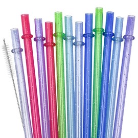 SUNDEE Reusable Plastic Straws, Glitter Straws Reusable Drinking Straw Thick BPA-Free Glitter Drinking Straw Accessories, Set of 24 Pcs Colorful Straw with Cleaning Brush - Set 1