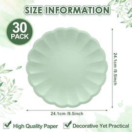 Newtay 30 Pcs Large Scalloped Paper Plates 9.5 Inch Shell Edge Disposable Dinner Plates for Birthday Wedding Baby Shower Party Decorations (Sage Green)