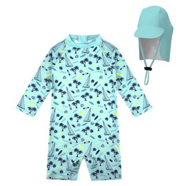 weVSwe Baby Boy Swimsuit Long Sleeve Uv Rash Guard Set with Adjustable Sun Hat SPF 50+ Infant Boy Swimsuit Green Sailboat 2 Years
