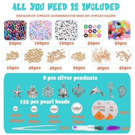 Dulzod 7200Pcs Clay Beads for Bracelets Making,6mm 24 Colors Flat Round Polymer Clay Heishi Beads with Pear Beads Pony Beads Letter Beads Evil Eye Beads and Pendant Charms for Jewelry Making